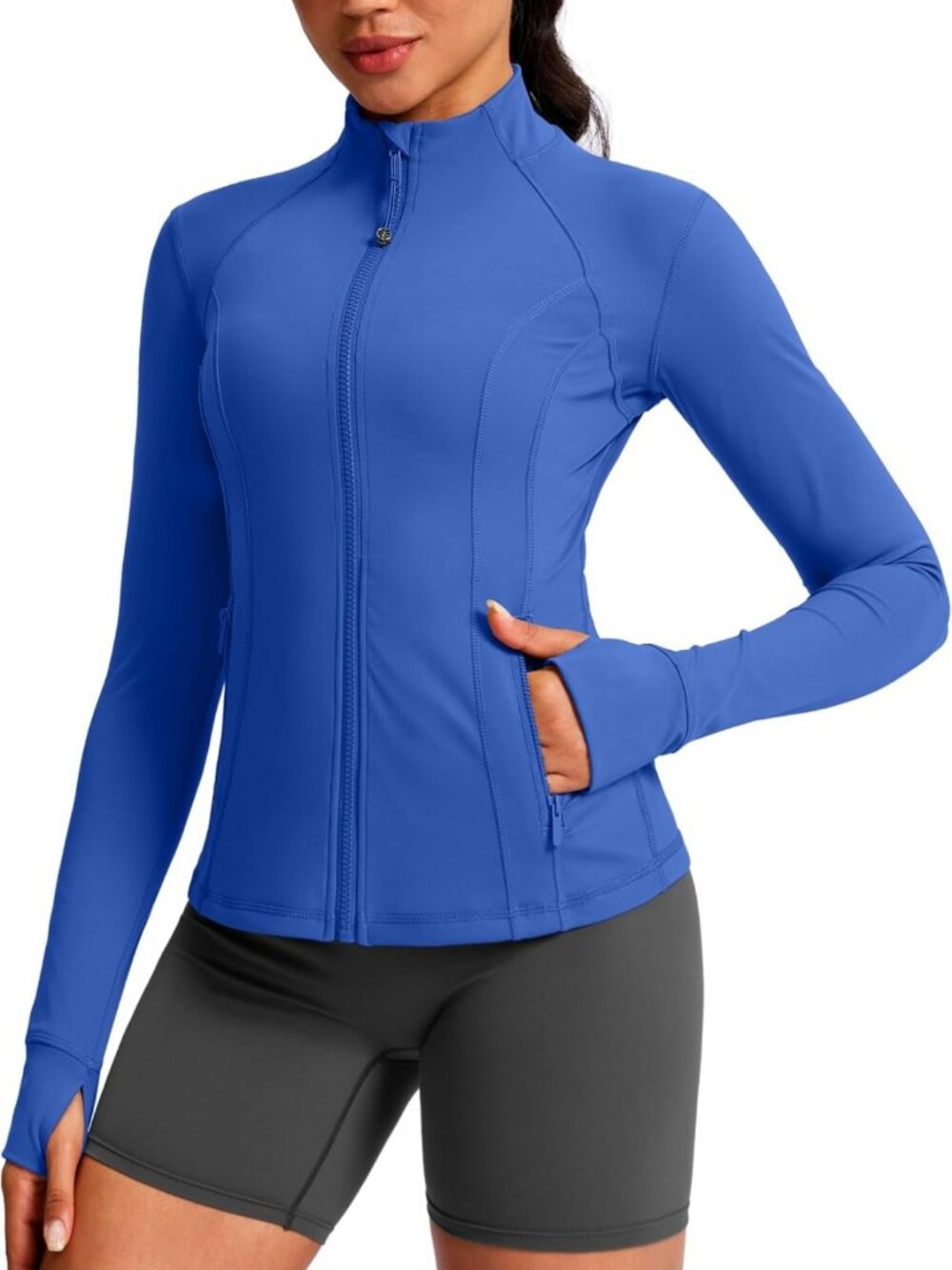 Slim Full Zip Women's Workout Jacket - Extended Waist, 4 Pockets, Athletic